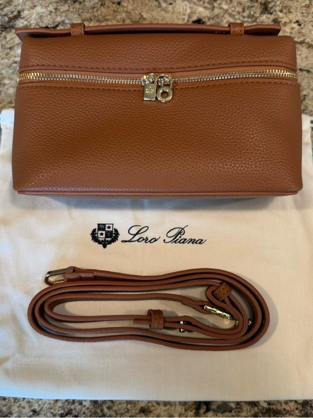 Loro Piana Tan Pebbled Leather Crossbody with Gold Hardware